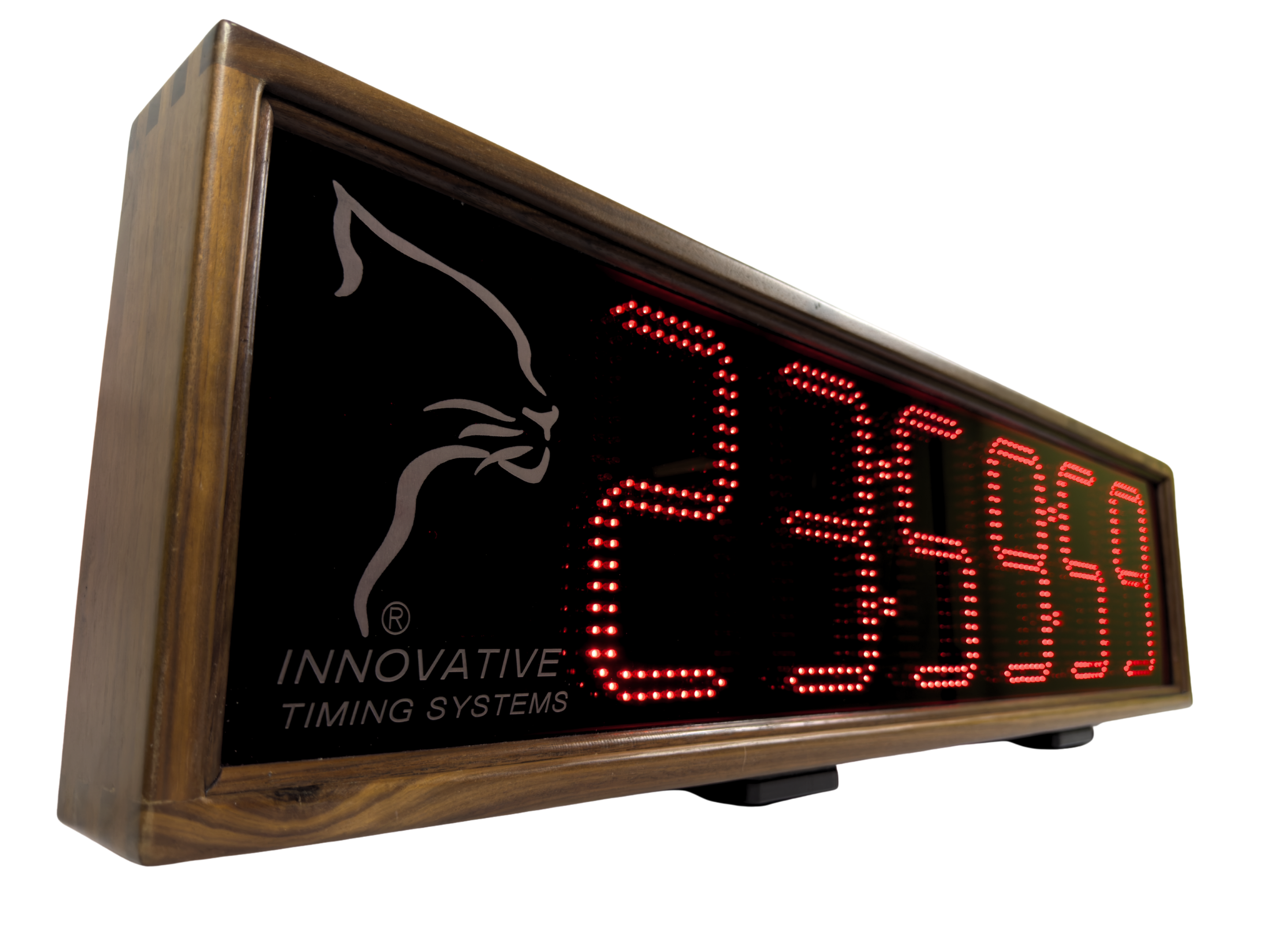 jClock handcrafted LED race clock — hardwood case with dovetailed corners and 8-inch red LED digits, designed for indoor and outdoor event timing